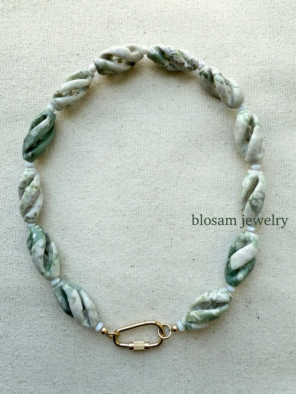 Chunky Carved Sesame Jasper & Shell Carabiner Charm Holder Necklace
